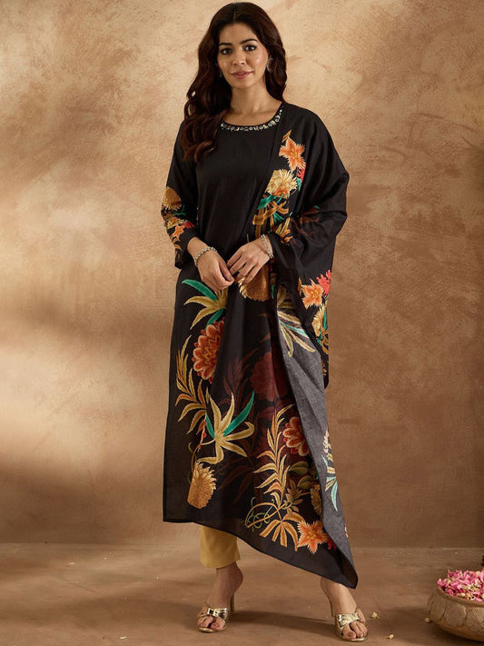 Dhiyona IE Women Floral Printed Regular Pure Cotton Kurta with Trousers & With Dupatta