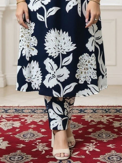 Floral Printed Screen Techinque Kurta With Trousers