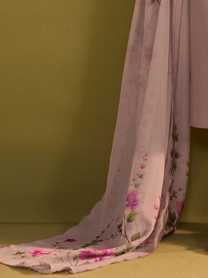 Floral Embroidered Straight Thread Work Kurta With Trousers And Dupatta