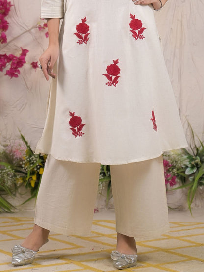 Floral Embroidered Thread Work Pure Cotton A-Line Kurta With Palazzos