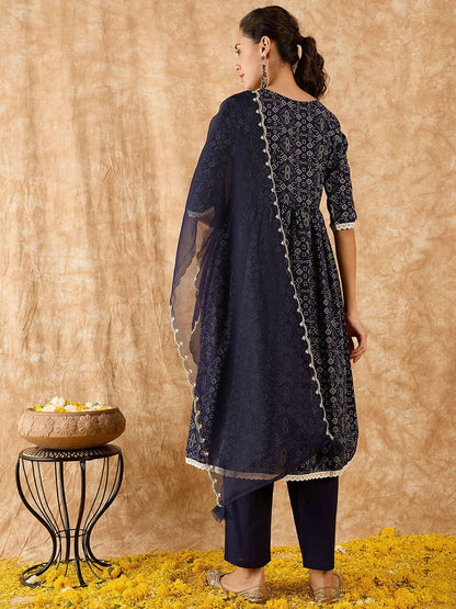 Bandhani Printed A-Line Kurta with Trousers & Dupatta