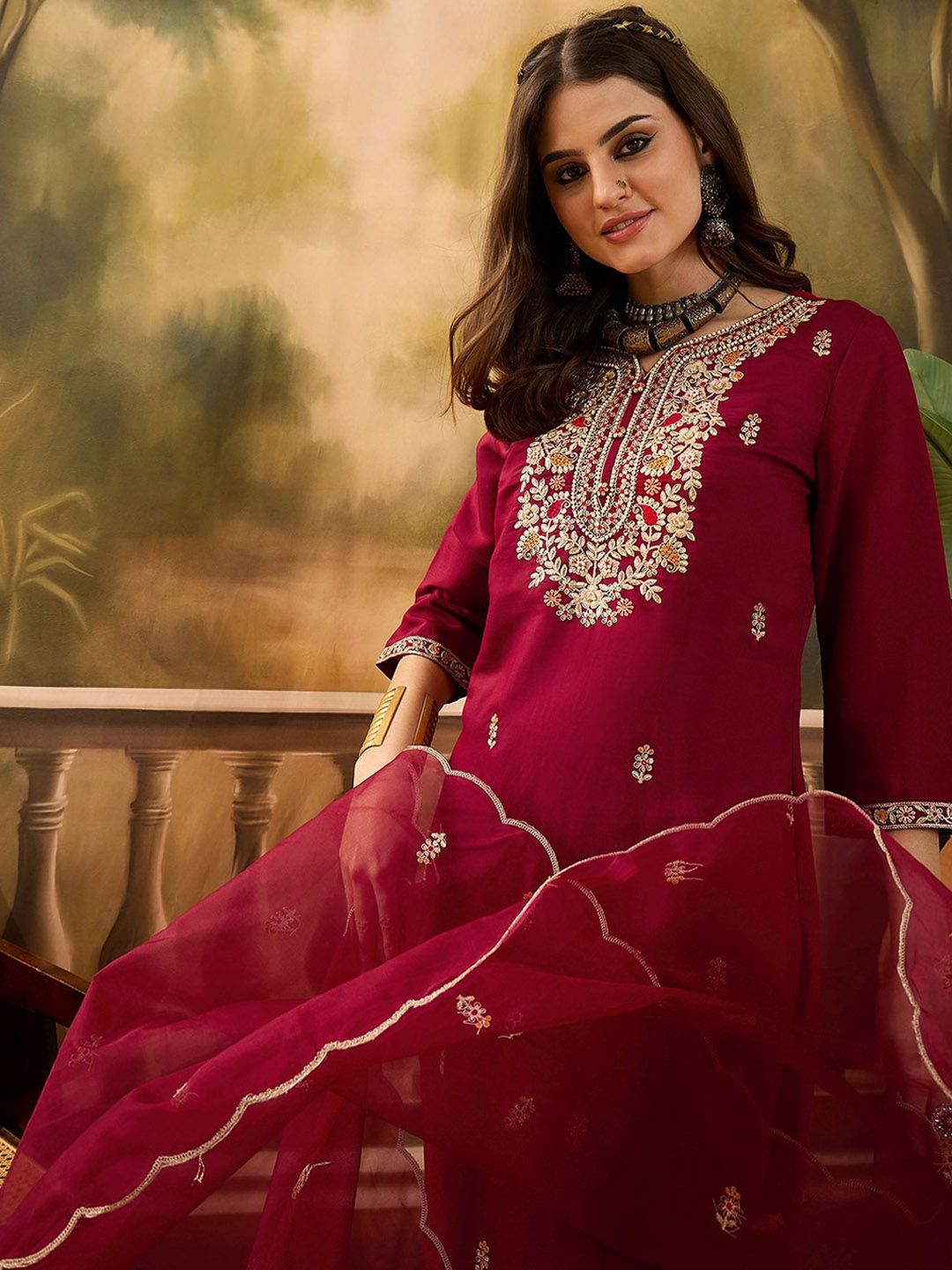 Dhiyona SN Women's Floral Embroidered Notch Neck Straight Kurta With Trousers & Dupatta