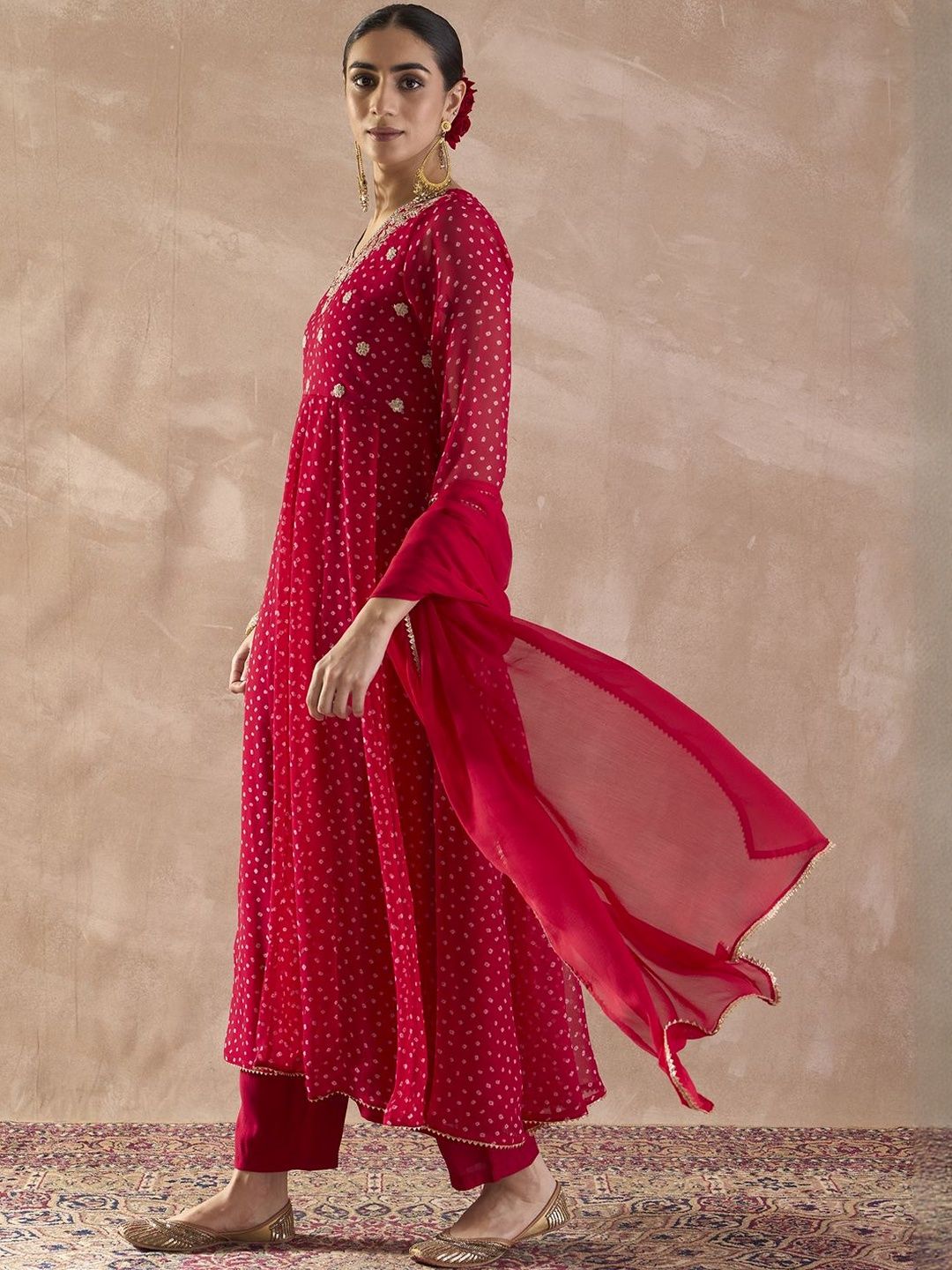 Ethnic Motifs Printed Sequinned Georgette Anarkali Kurta With Trousers & Dupatta