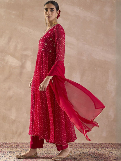 Ethnic Motifs Printed Sequinned Georgette Anarkali Kurta With Trousers & Dupatta