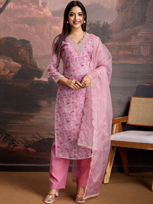 Dhiyona PD Women Floral Printed & Embroidered Organza Kurta & Trousers with Net Dupatta