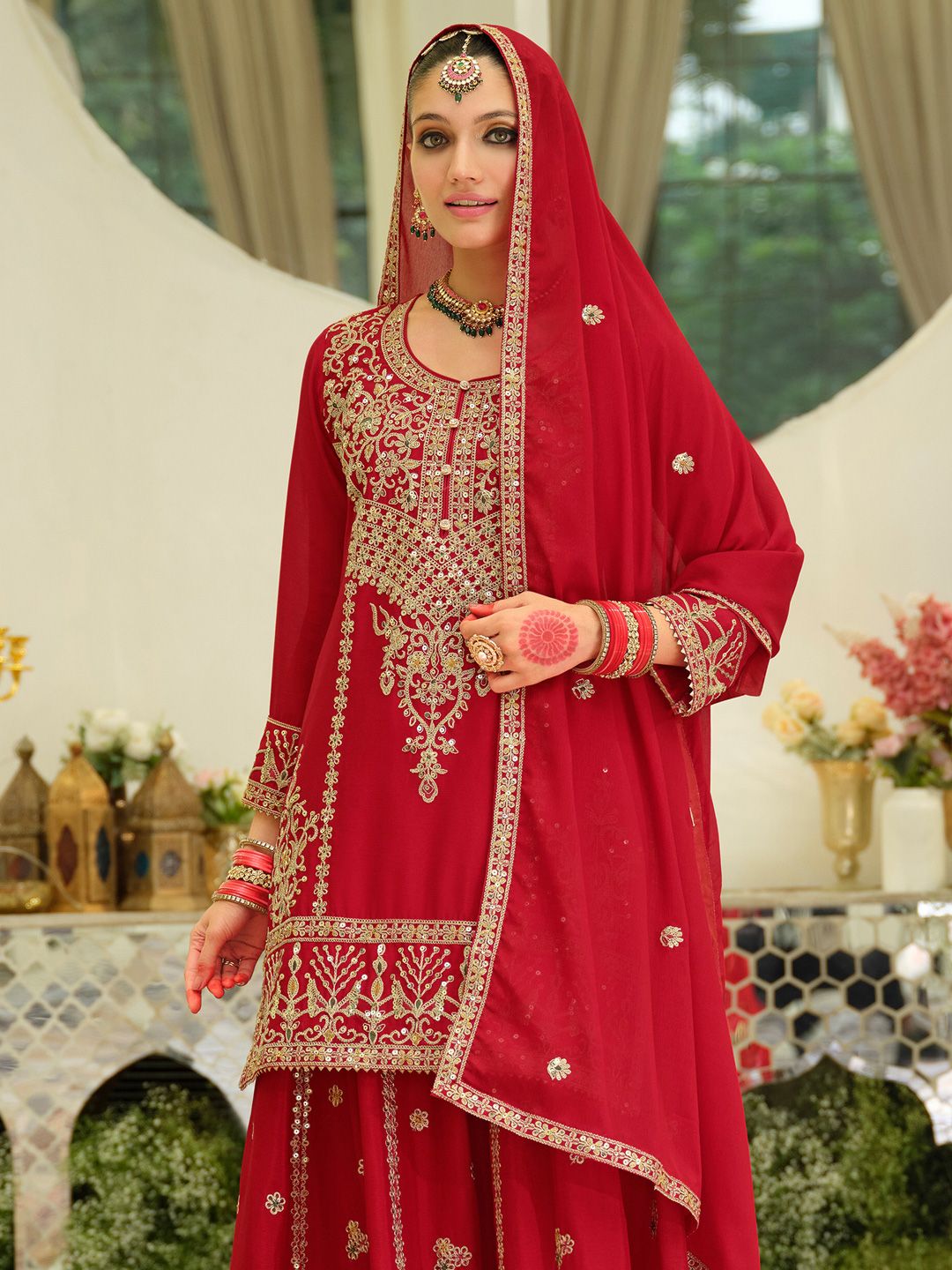 Ethnic Motifs Embroidered Sequinned Chinon Straight Kurta With Skirt & Dupatta