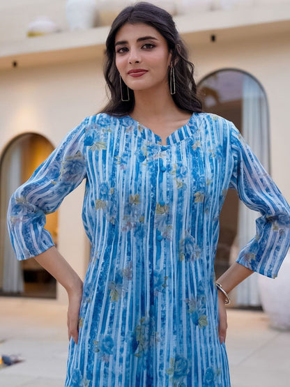 Floral Printed Regular Mandarin Collar Sequinned Pure Cotton Kurta With Trousers