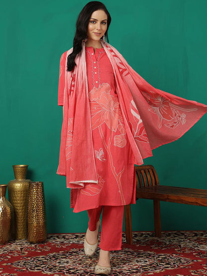 Dhiyona SN Women's Printed Pure Cotton Straight Kurta With Trouser & Dupatta