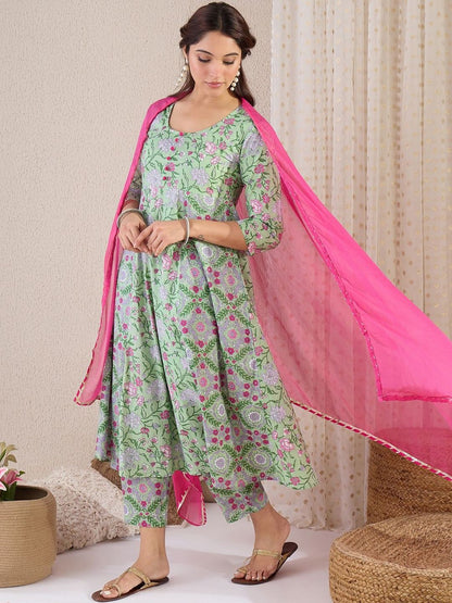 Women Floral Printed Panelled Pure Cotton Kurta with Trousers & With Dupatta