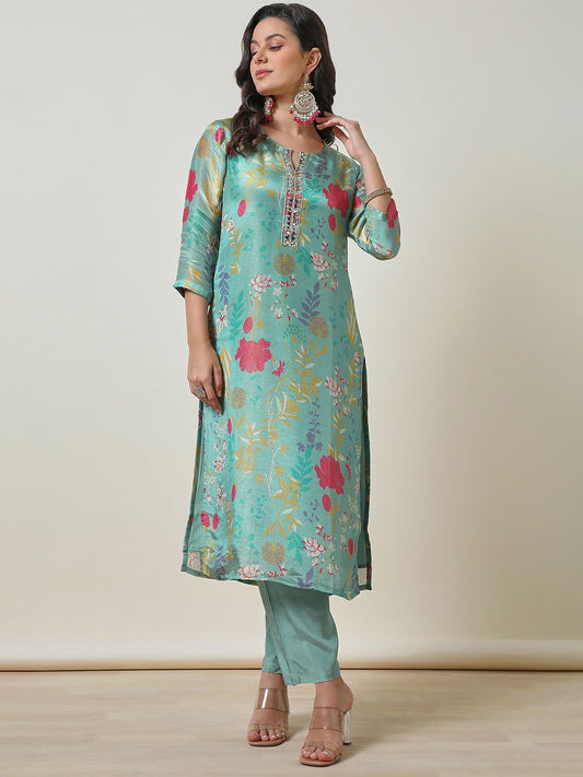 Dhiyona SO Women's Turquoise Blue Floral Printed Mirror Work Yoke Design Straight Kurta With Trousers