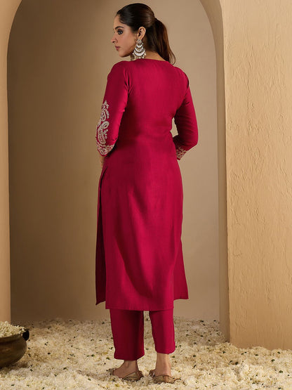 Dhiyona IE Women's Women Ethnic Motifs Embroidered Regular Liva Straight Kurta with Trousers