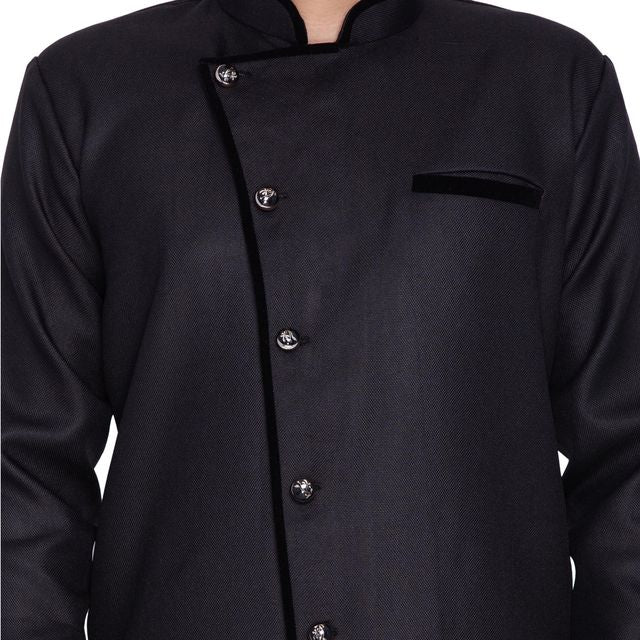 Men's Black Cotton Blend Regular Sherwani Set
