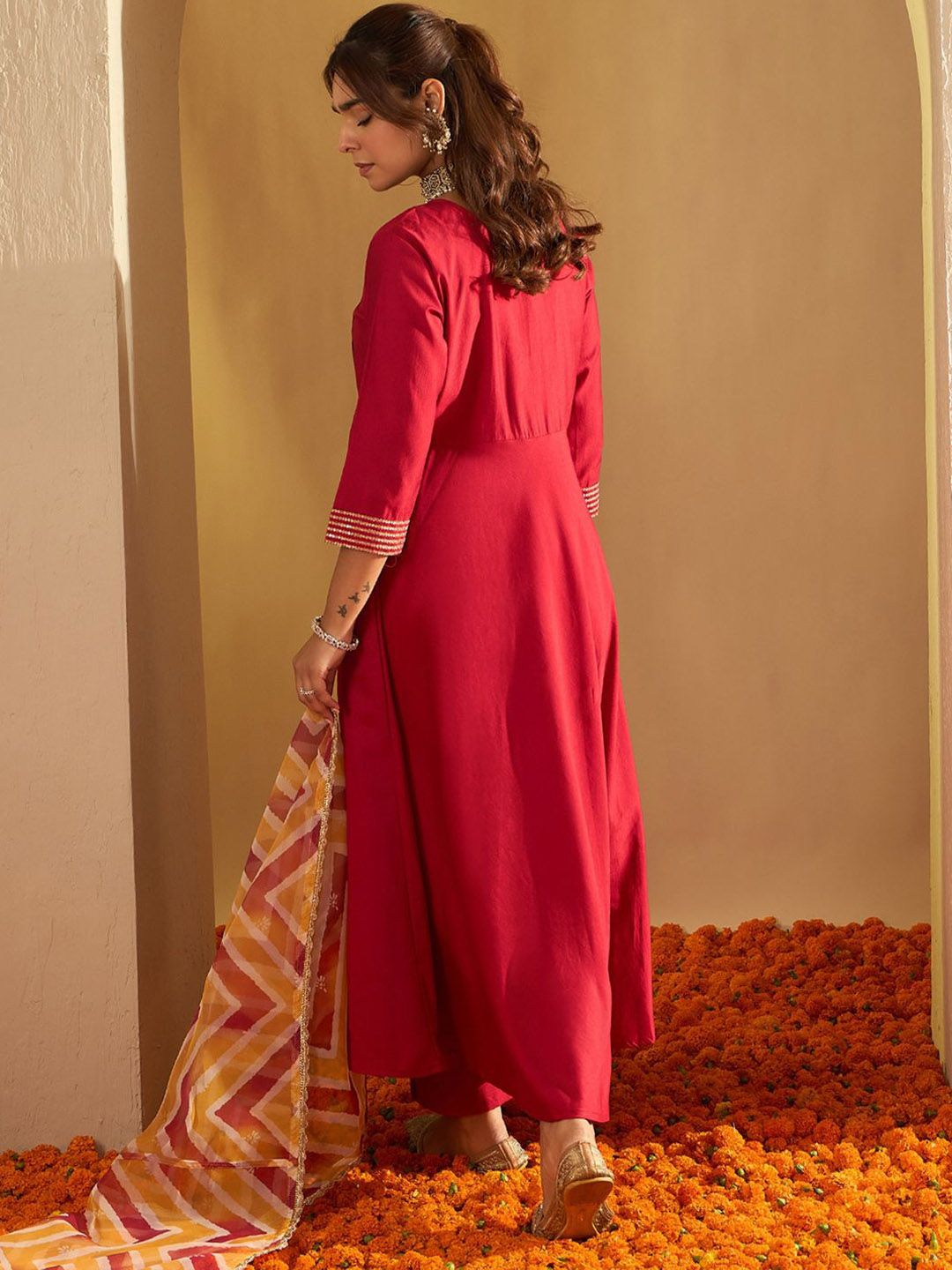 Chevron Embroidered Sequinned Liva A-Line Kurta With Trousers & With Dupatta