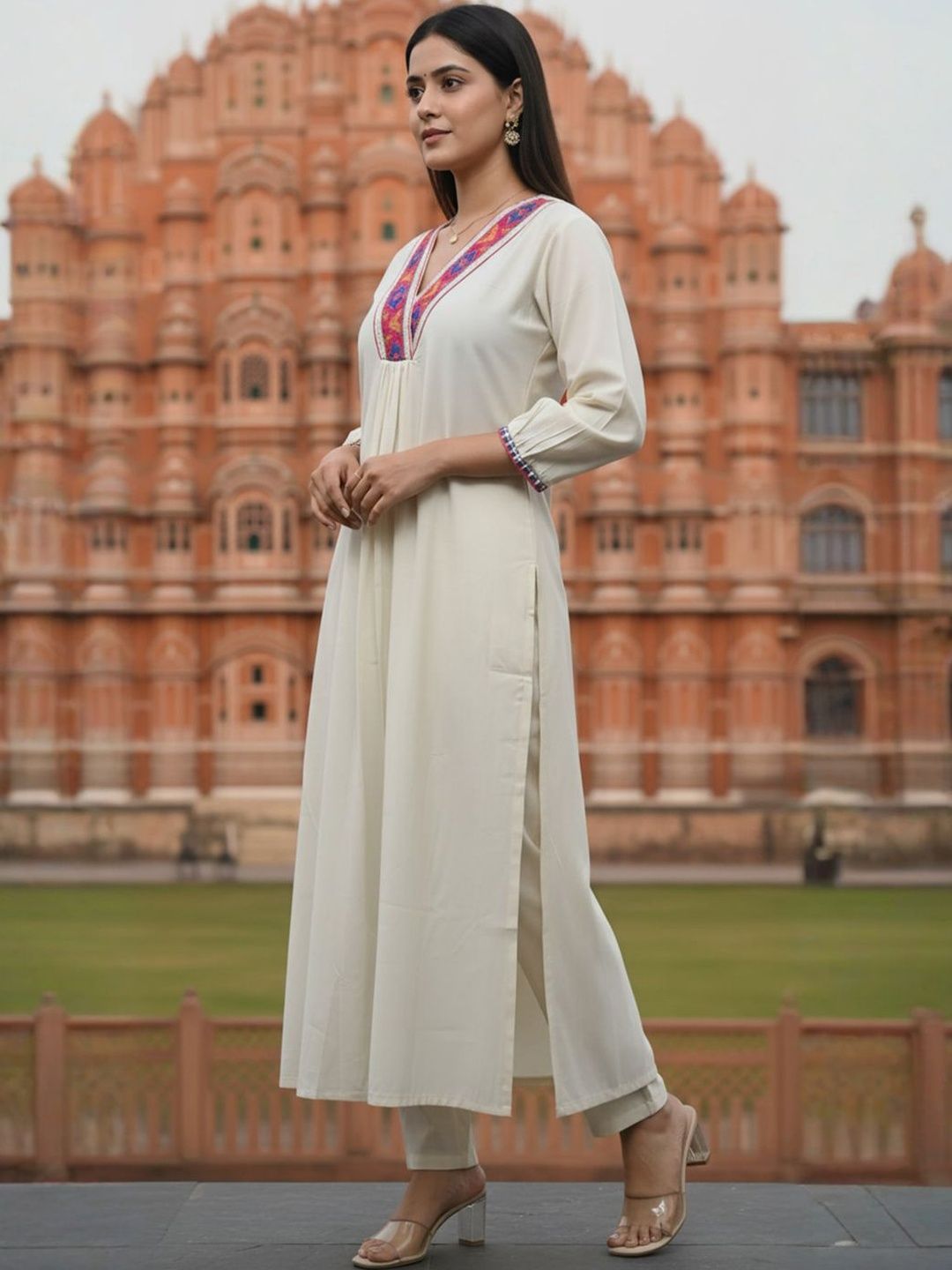Off White Embroidered A-Line Liva Kurta With Trousers