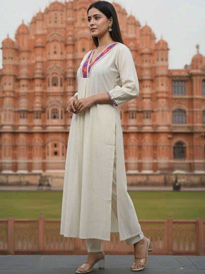 Off White Embroidered A-Line Liva Kurta With Trousers