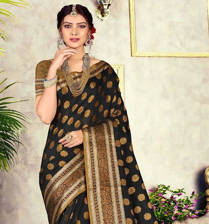 Dhiyona GR Women's GJ Black Diamond Carbon Black Zari Woven Design Cotton Blend Saree