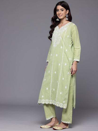 Dhiyona VR Women's Sea Green Round Neck Heavy Thread Embroidered Kurta With Bottom & Dupatta