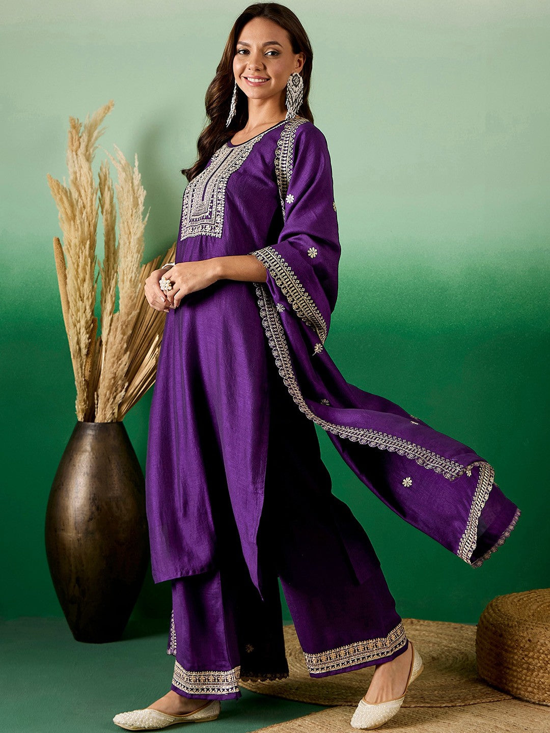 Women Purple Embroidery silk Kurta And Pant Set With Dupatta