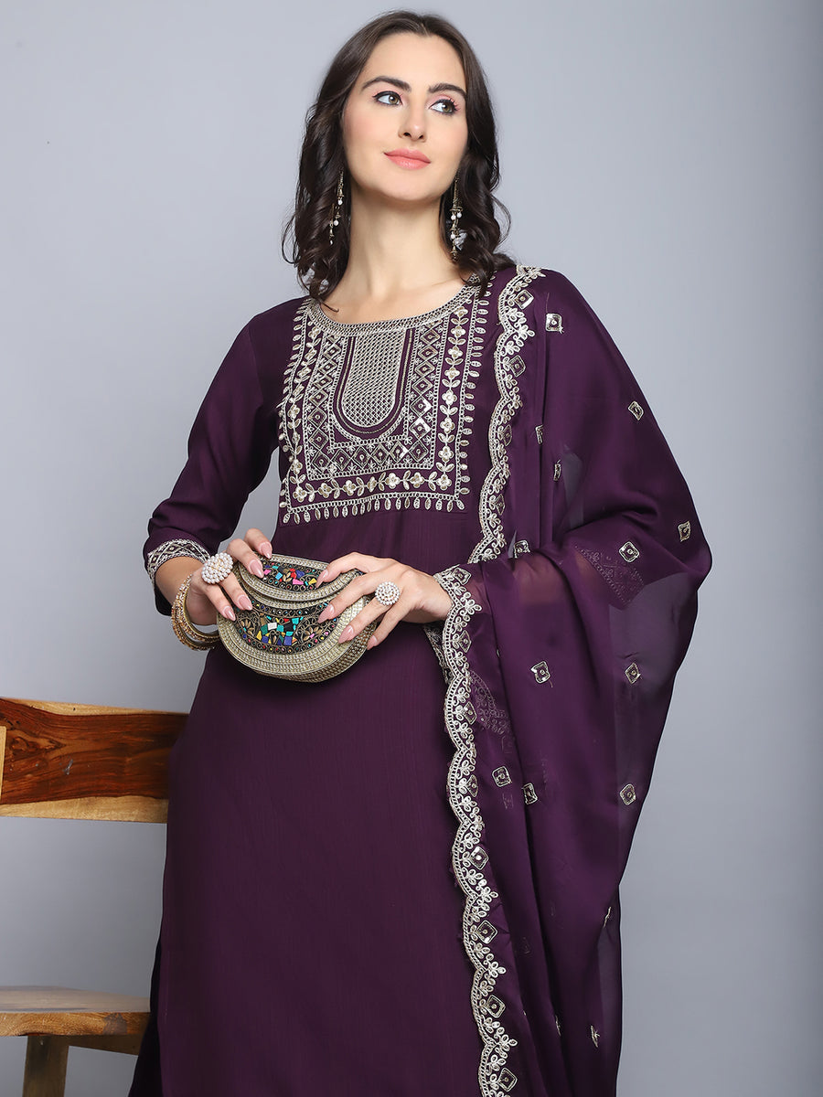 Women Wine Embroidery silk Kurta And Pant Set With Dupatta