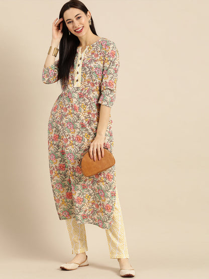 Dhiyona VR Women's Sea Green And Mustard Floral Printed Straight Kurta With Printed Trouser