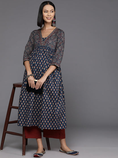 Dhiyona VR Women's Blue And Maroon Bandez Printed Anarkali Kurta