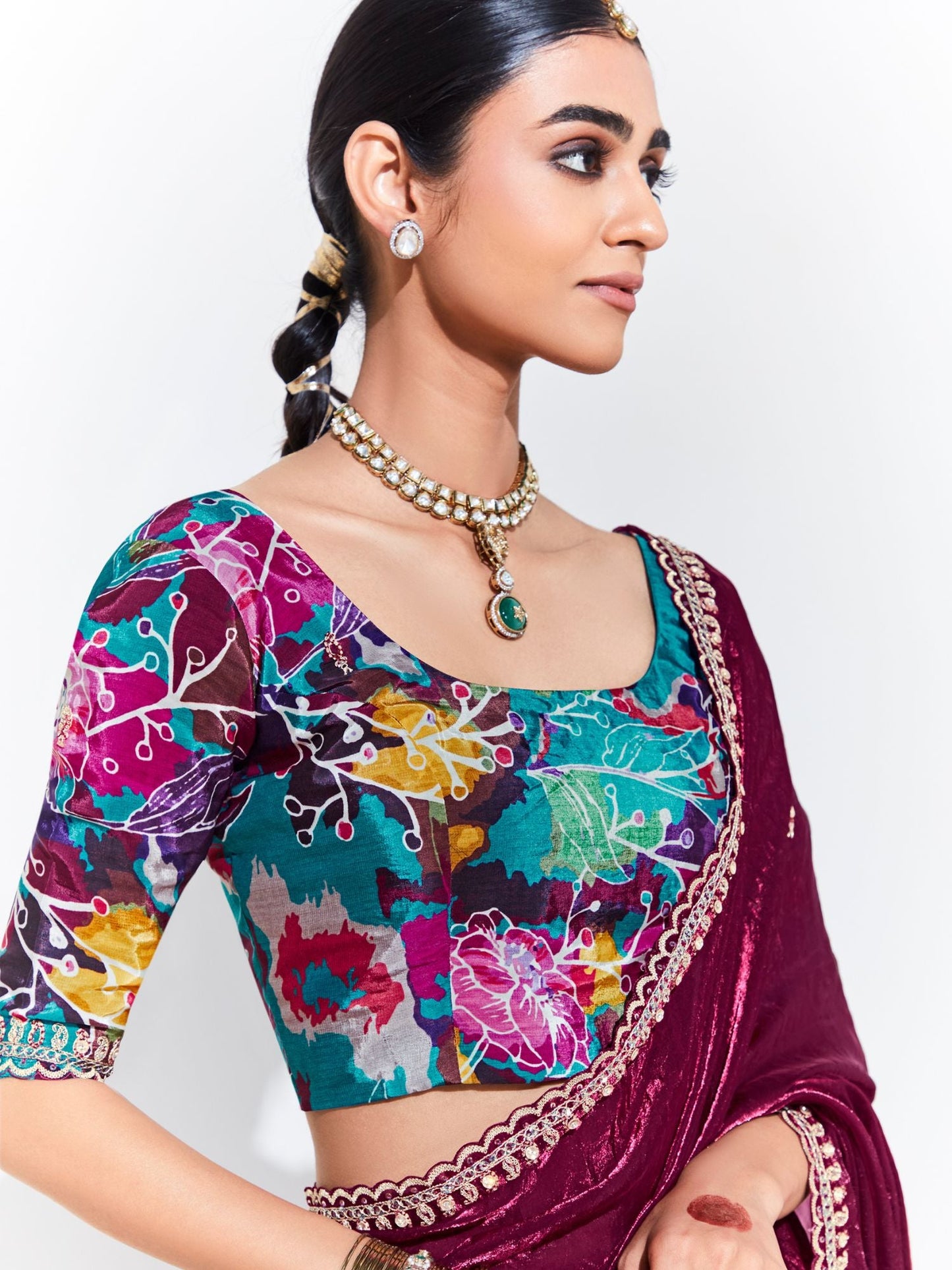 Dhiyona KM Women Wine Silk Saree With Vibrant Floral Blouse “ A Statement Of Luxury