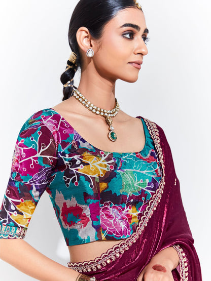 Dhiyona KM Women Wine Silk Saree With Vibrant Floral Blouse “ A Statement Of Luxury