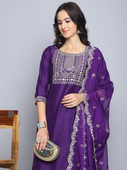 Women Purple Embroidery silk Kurta And Pant Set With Dupatta