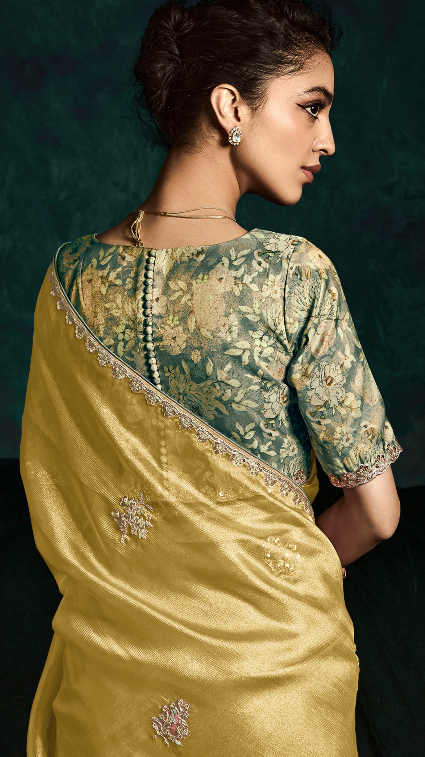Dhiyona KM Women Golden Organza Silk Saree With Unstitched Floral Printed Blouse Fabric