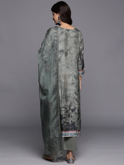 Dhiyona VR Women's Green Floral Printed Straight Kurta Paired With Tonal Bottom And Tonal Organza Embroidered Dupatta