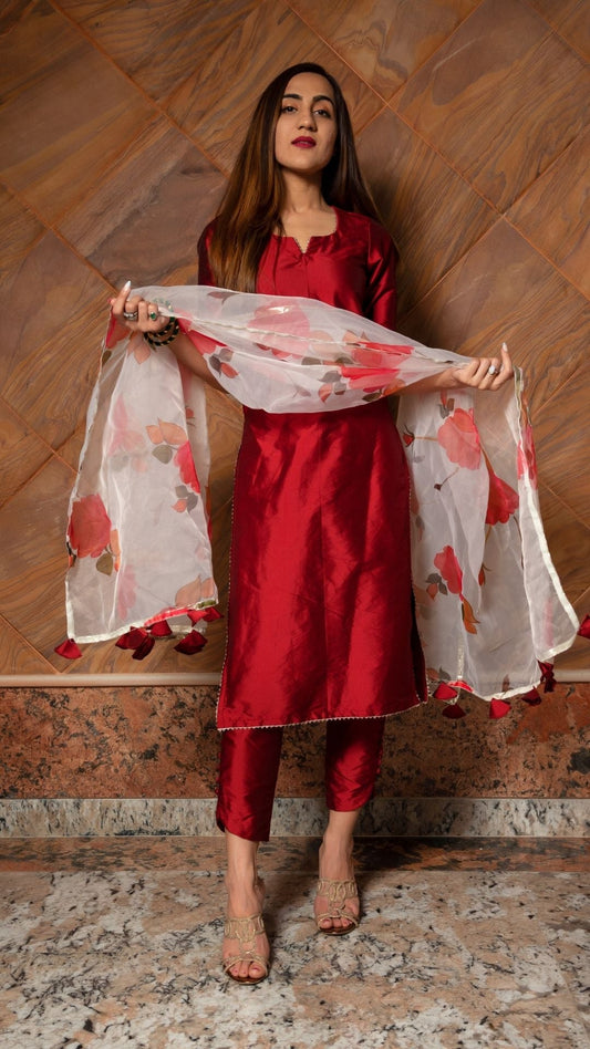 Maroon Phool Taffeta Silk Suit With Digital Print Organza Dupatta Set