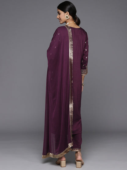 Dhiyona VR Women's Burgundy Embroidered Kurta Paired With Tonal Bottom And Dupatta