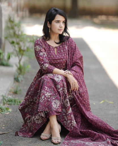 Women Maroon Anarkali Kurta And Pant Set With Dupatta