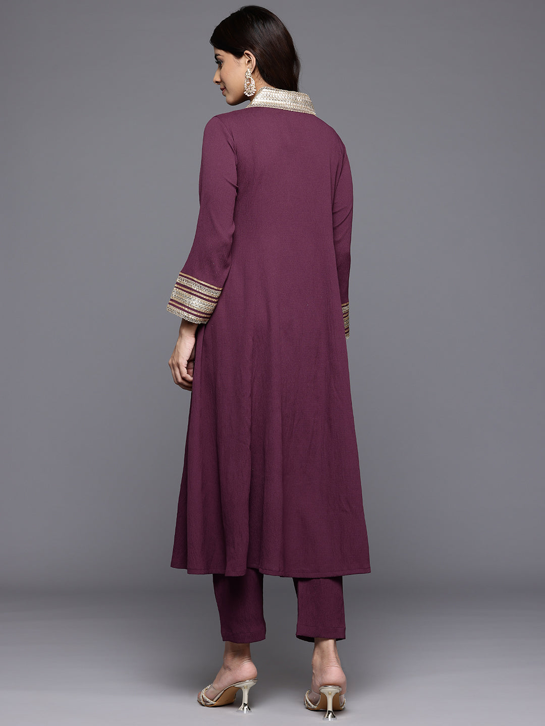 Dhiyona VR Women's Purple Zari Lace Embellished Yoke A-Line Kurta Set