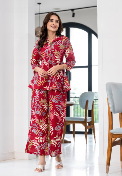 Women Red Printed Viscose Rayon Kurta And Pant Set