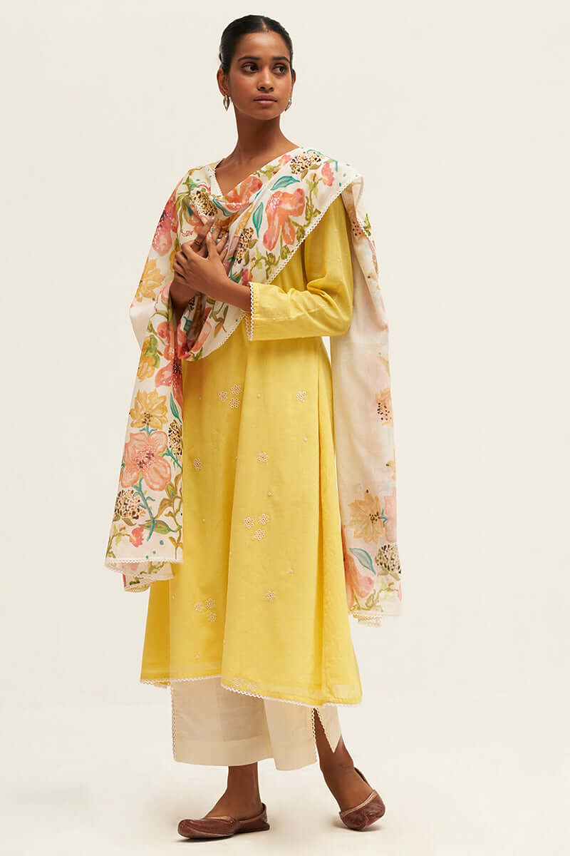 Women's Yellow Embroidered Cotton Salwar Suit