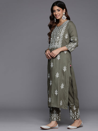 Dhiyona VR Women's Olive Embroidered Kurta Paired With Tonal Trouser And Dupatta