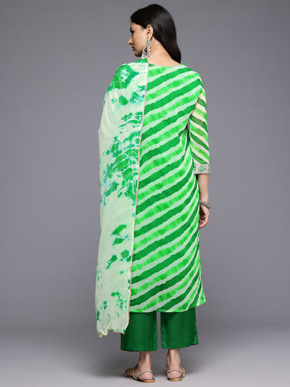 Dhiyona VR Women's Green Leheriya Zari And Sequins Embroidered Kurta Set With Dupatta