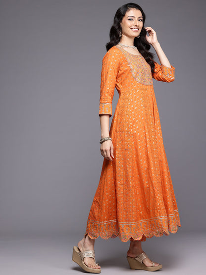 Dhiyona VR Women's Orange Mirror And Thread Embroidered,Zari Embellished Scalloped Schiffli Anarkali Kurta Paired Wirh Printed Bottom And Embroidered Dupatta