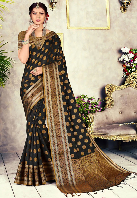Dhiyona GR Women's GJ Black Diamond Carbon Black Zari Woven Design Cotton Blend Saree