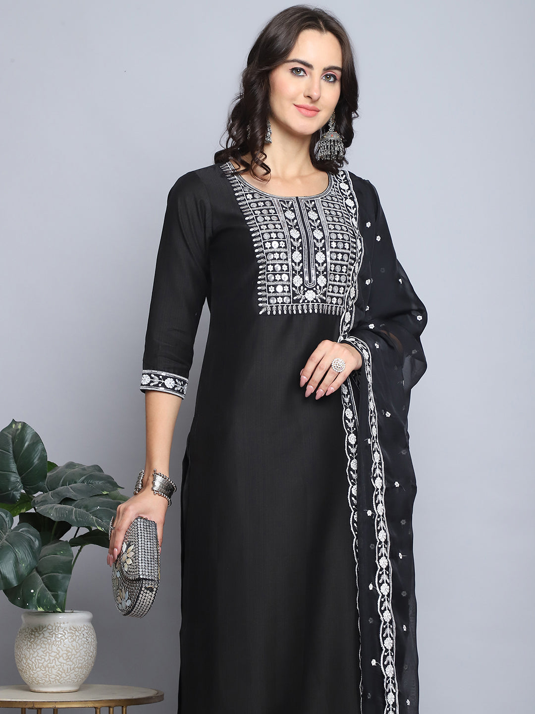 Women's Black Embroidery  silk  Kurta, Pant And Dupatta Set