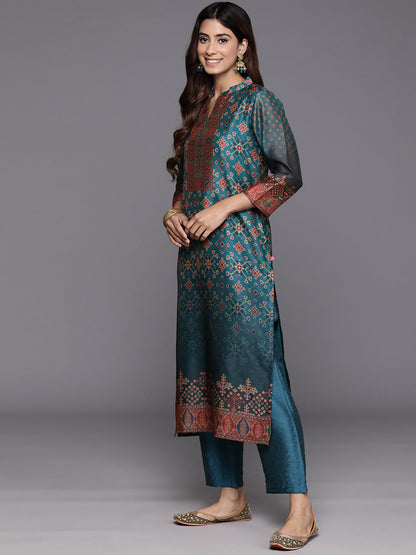 Dhiyona VR Women's Patola Printed, Teal & Beige Mandrin Collar ,Straight Kurta With Solid Bottom And Printed Dupatta