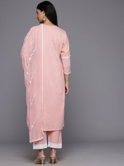 Dhiyona VR Women's Pink V Neck Thread Embroidered With Tonal Bottom And Chiffon Dupatta