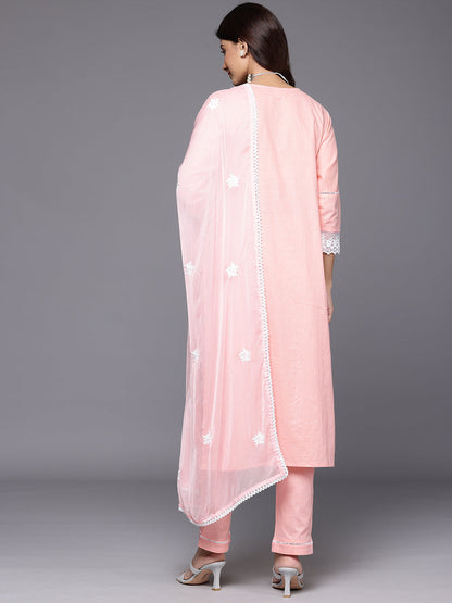 Dhiyona VR Women's Peach Round Neck Chikankari Straight Kurta With Bottom And Dupatta