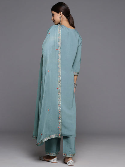 Dhiyona VR Women's Blue Embroidered Straight Kurta Paired With Tonal Bottom And Embroidered Dupatta