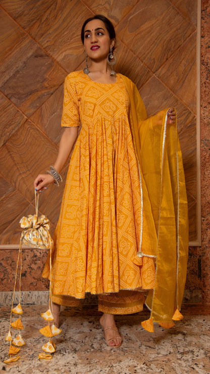 Bandhej Yellow Cotton Anarkali Set