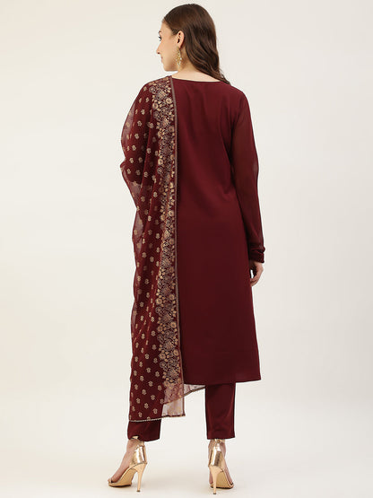 Women's Maroon Poly Crepe A-Line Kurta Set With Dupatta