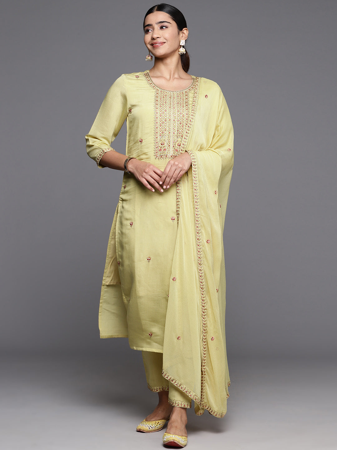 Dhiyona VR Women's Beige Embroidered Straight Kurta Paired With Tonal Embroidered Bottom And Embroidered Dupatta