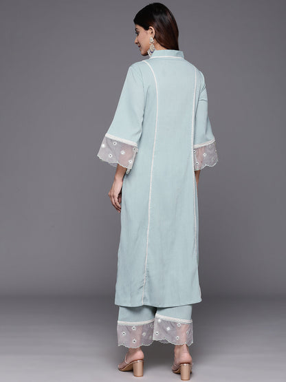 Dhiyona VR Women's Sea Green Organza And Lace Detailed Kurta Set