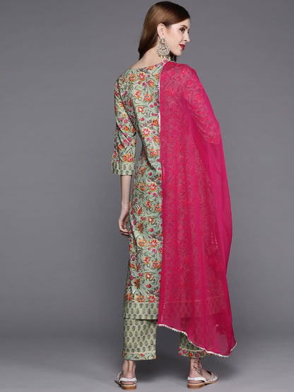 Dhiyona VR Women's Floral Printed Embroidered Kurta With Straight Pant And Chiffon Dupatta